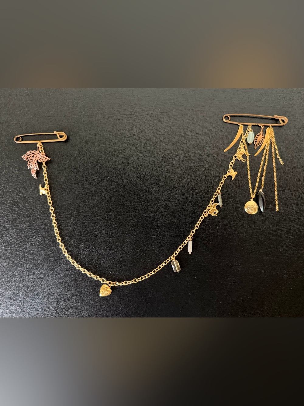 Vintage Gold-Toned Double Pin Chain Brooch, Charms, Beads, Heart Locket